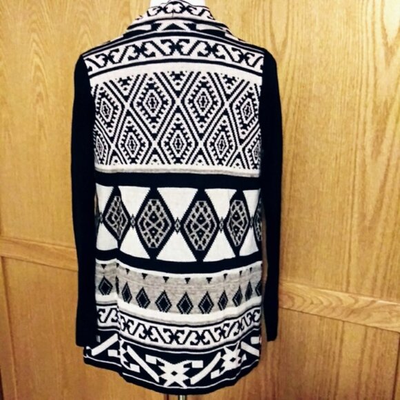 Lucky Brand Drape Front Jacquard Long Cardigan 1X Multicolor Black Beige BOHO - Picture 2 of 8